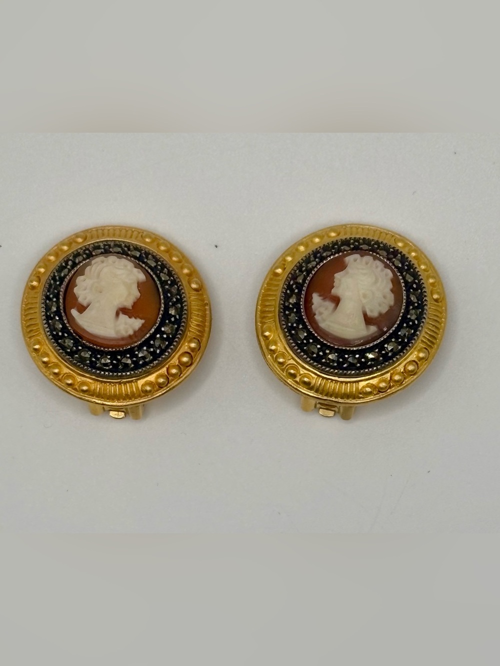 Vintage Judith Jack Shell Cameo Marcasite Gold Tone Clip On Earrings